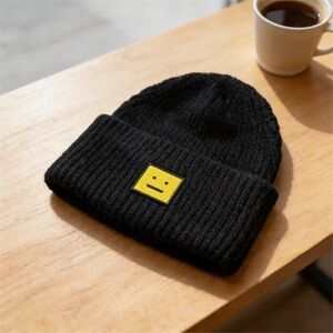 Acne Studios Black Ribbed Knit Beanie with Yellow Face Patch
